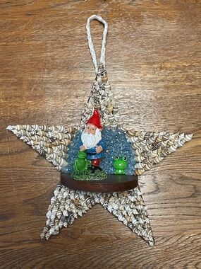 Handcrafted Shell Star Gnome Ornament with Red-Hatted Gnome Wood base
